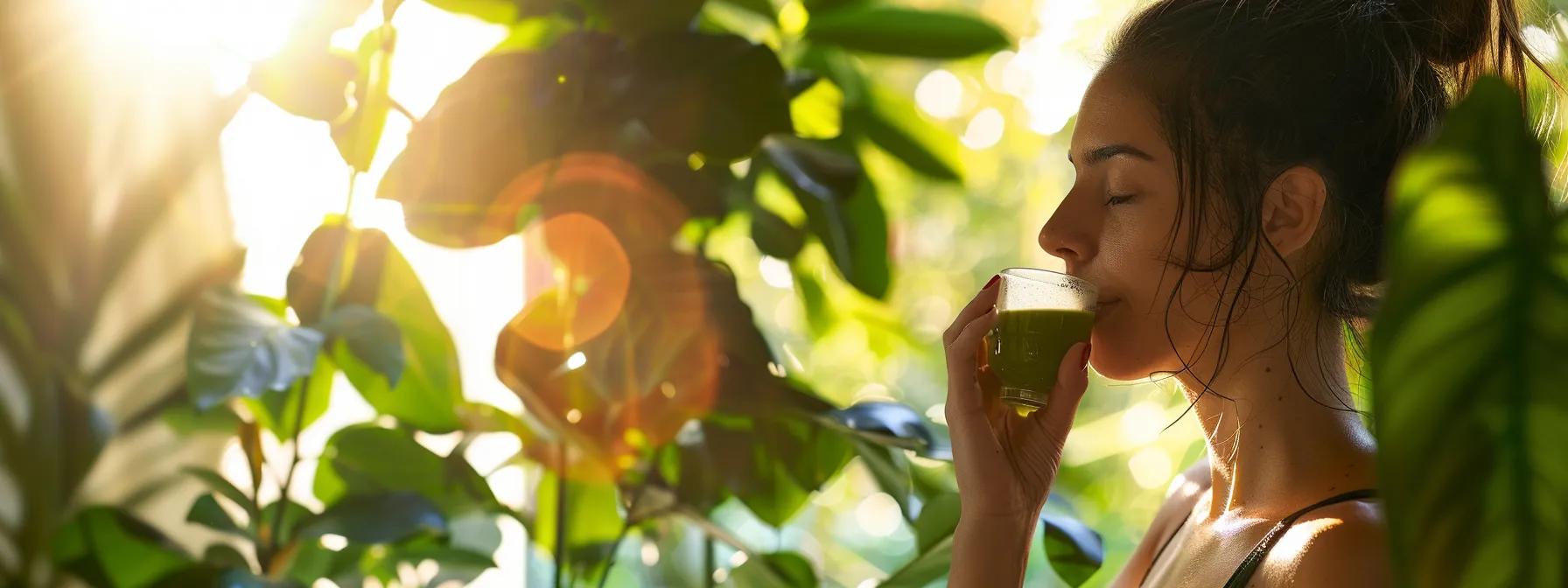 a woman sipping green tea while stretching before a workout, surrounded by vibrant green leaves and a serene morning sunlight.