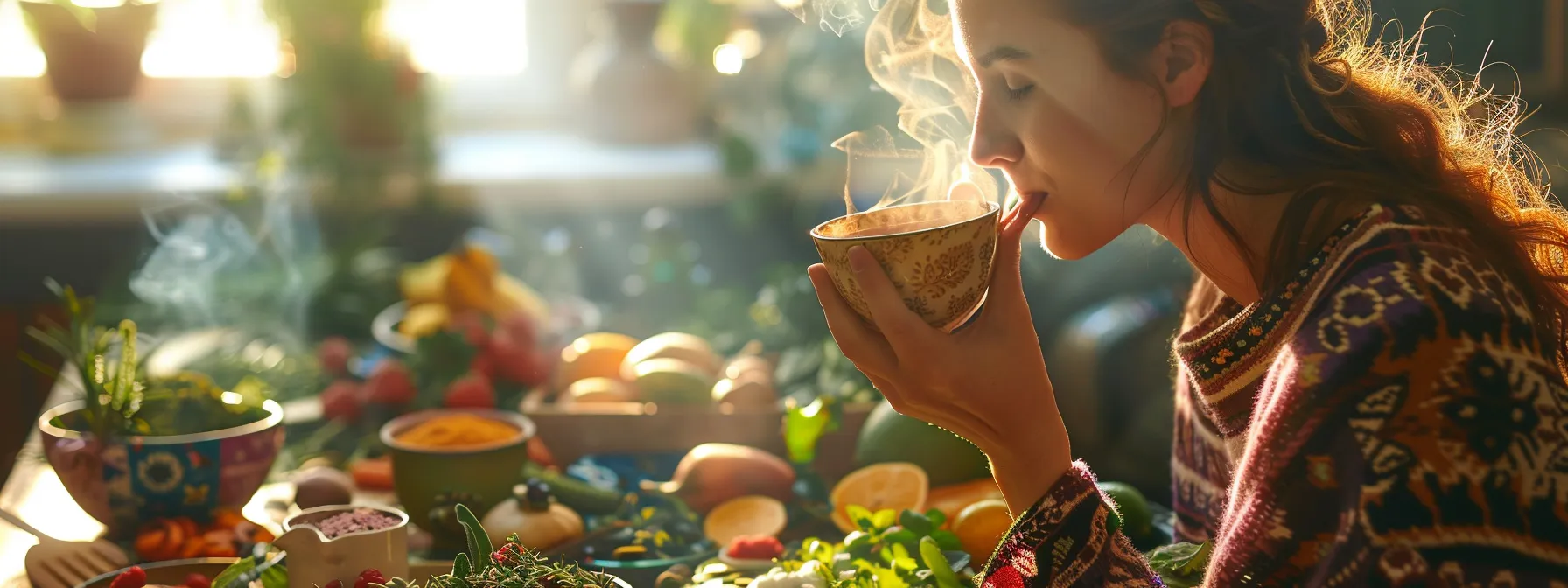 a woman sipping on a steaming cup of herbal tea amidst a spread of colorful, nutrient-rich foods, embodying a holistic approach to weight loss and overall health.