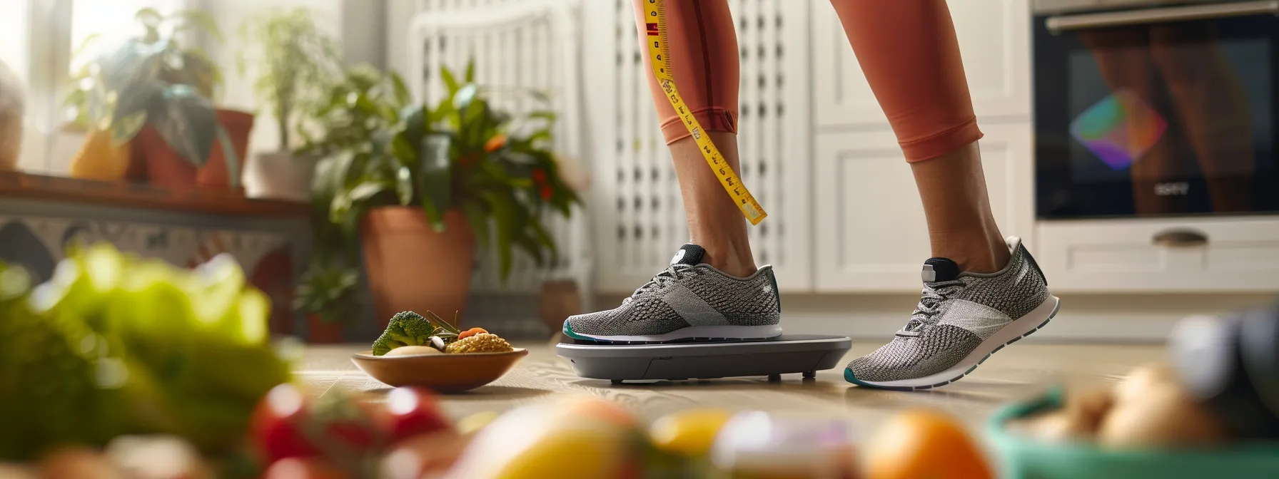 a woman stepping on a scale, smiling with a tape measure around her waist, surrounded by healthy food and a fitness tracker.