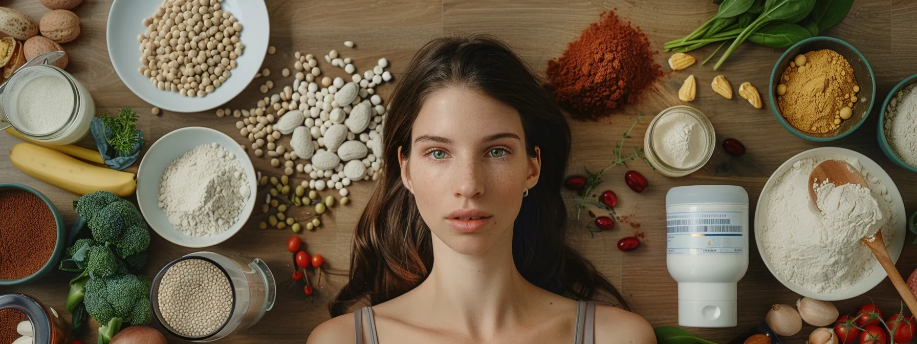 a woman surrounded by a variety of whole food protein sources, with a protein powder container pushed to the side.