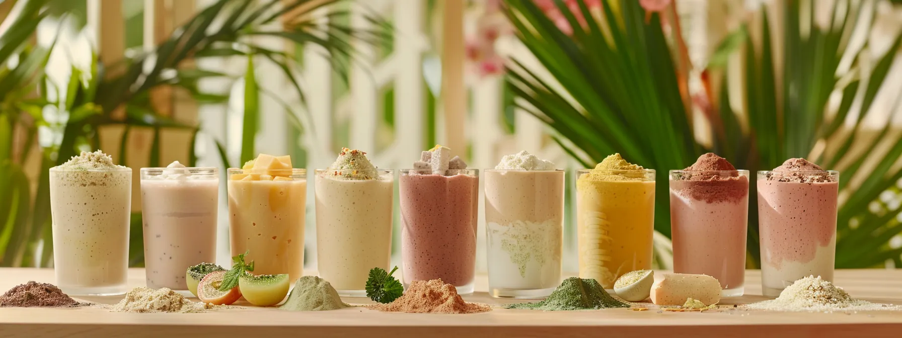 an array of vibrant, organic shakes from top natural weight loss brands, featuring plant-based proteins, superfoods, and eco-conscious options.