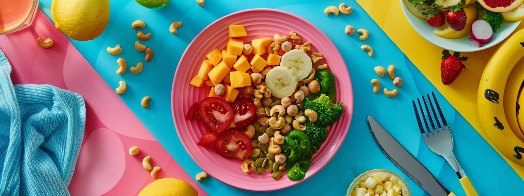 vibrant vegetables and nuts arranged on a colorful plate, surrounded by fitness gear, showcasing a keto-friendly meal plan combined with physical activity.