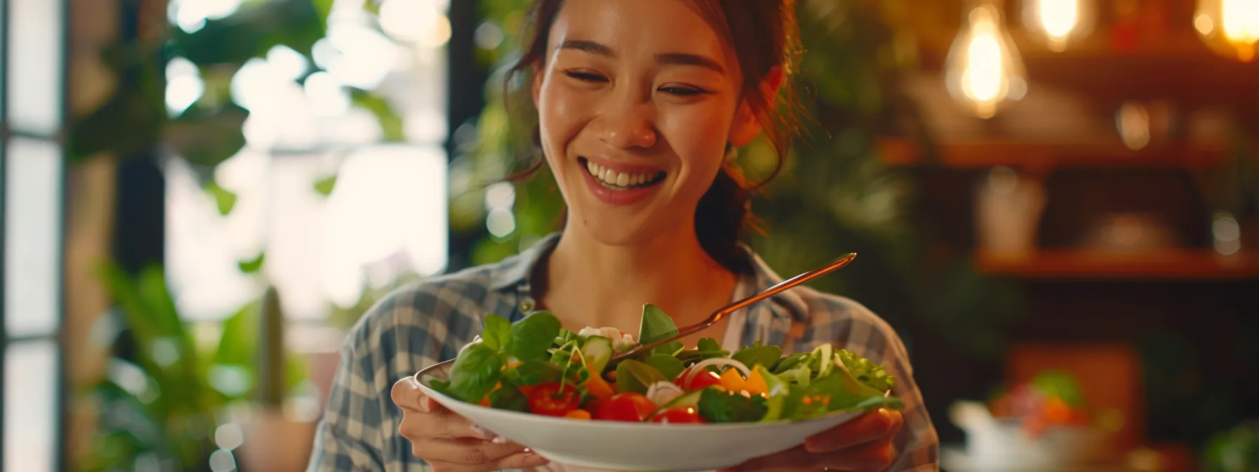 a beaming individual enjoying a colorful, nutrient-packed meal with a serene expression, embodying the success and mindfulness of their eating journey.