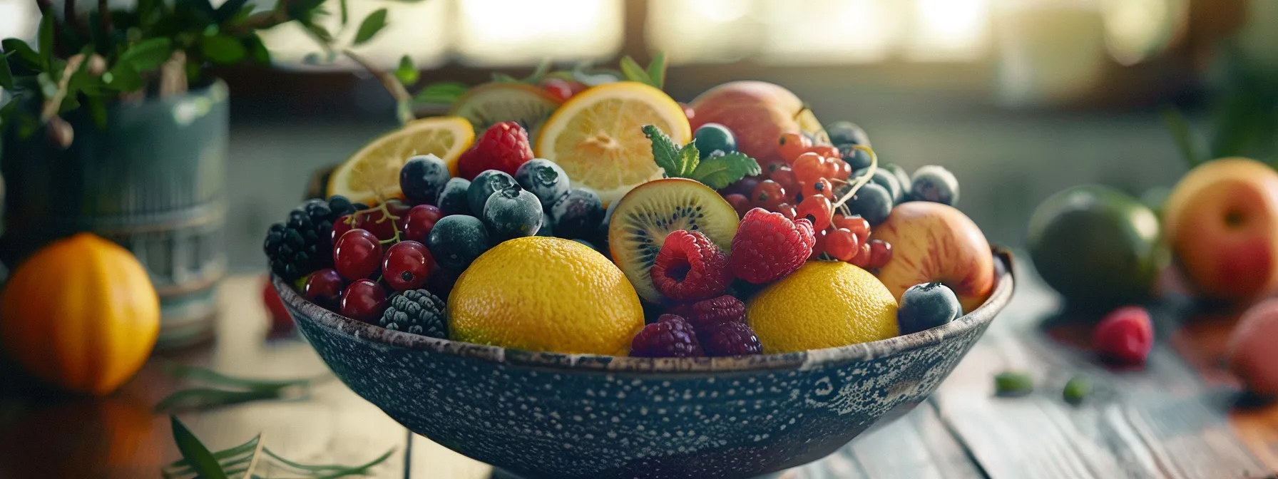 a bowl filled with vibrant organic berries, citrus fruits, and apples, showcasing a colorful array of ingredients for a flatter stomach.