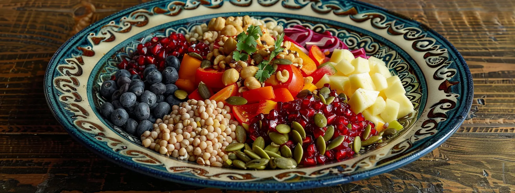 a colorful array of fiber-rich fruits and vegetables displayed on a vibrant plate, surrounded by whole grains, legumes, nuts, and seeds, showcasing an assortment of wholesome ingredients for a balanced diet.