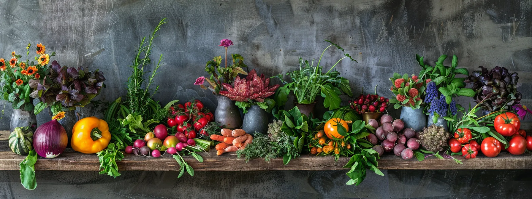 a colorful array of fresh organic vegetables and herbs displayed on a rustic wooden table, symbolizing the role of organic foods in reducing belly fat.