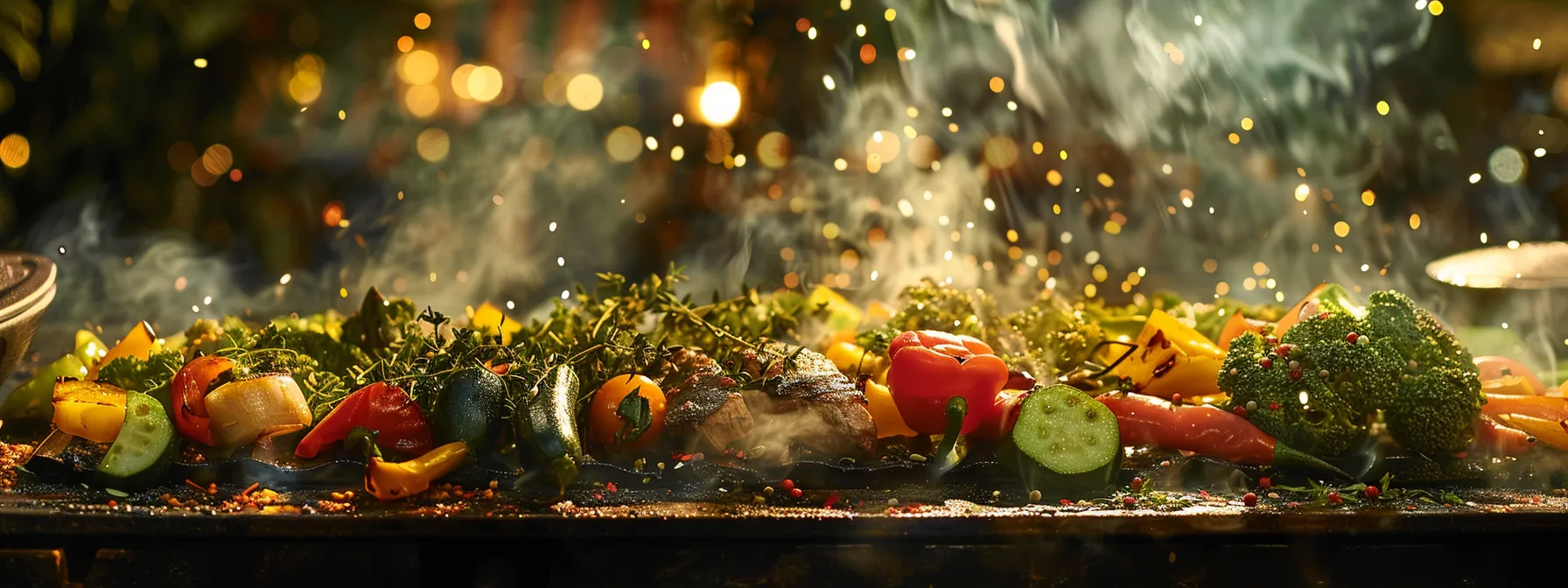 a colorful array of fresh vegetables and lean protein sizzling on a grill, surrounded by a variety of herbs and spices.