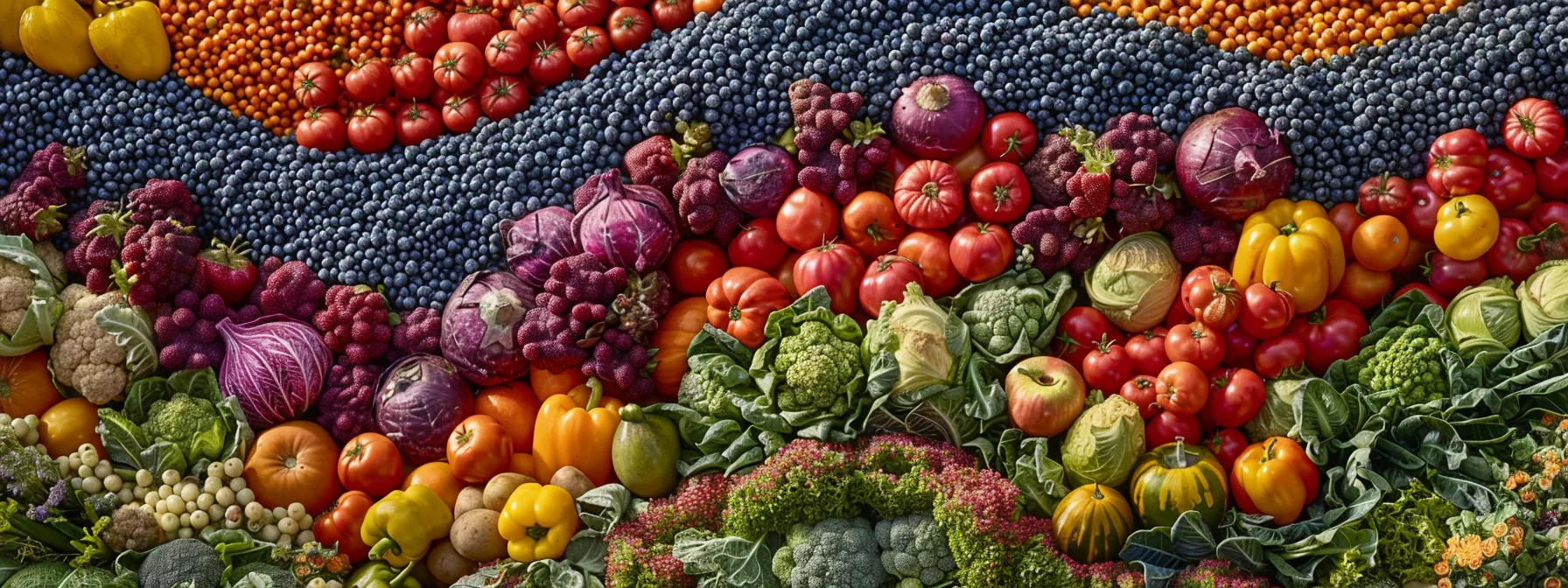 a colorful array of fruits and vegetables, showcasing a variety of textures and shapes, highlighting the importance of fiber intake for digestive wellness.