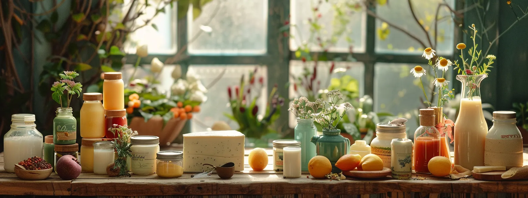 a colorful array of organic dairy products and plant-based alternatives displayed on a rustic wooden table, showcasing their role in promoting gut health and well-being.