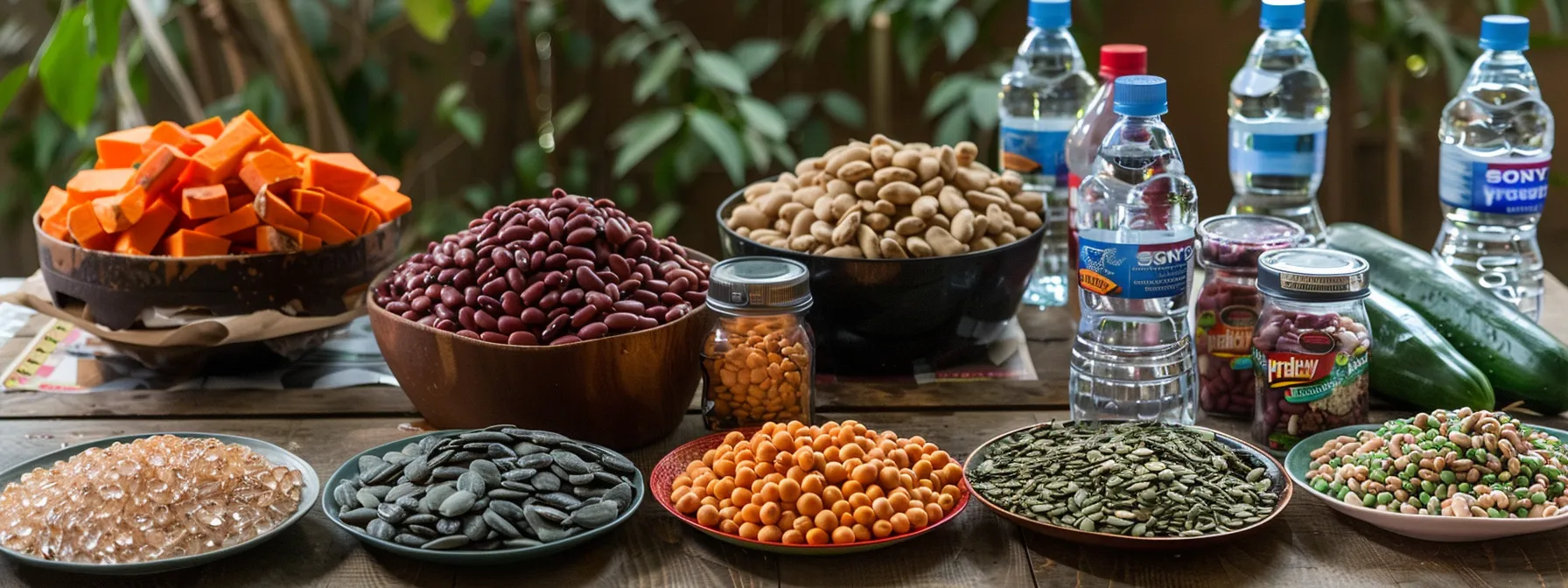 a colorful array of sweet potato, beans, seeds, and water bottles arranged on a table to symbolize healthy snack options and hydration for increasing daily fiber consumption.