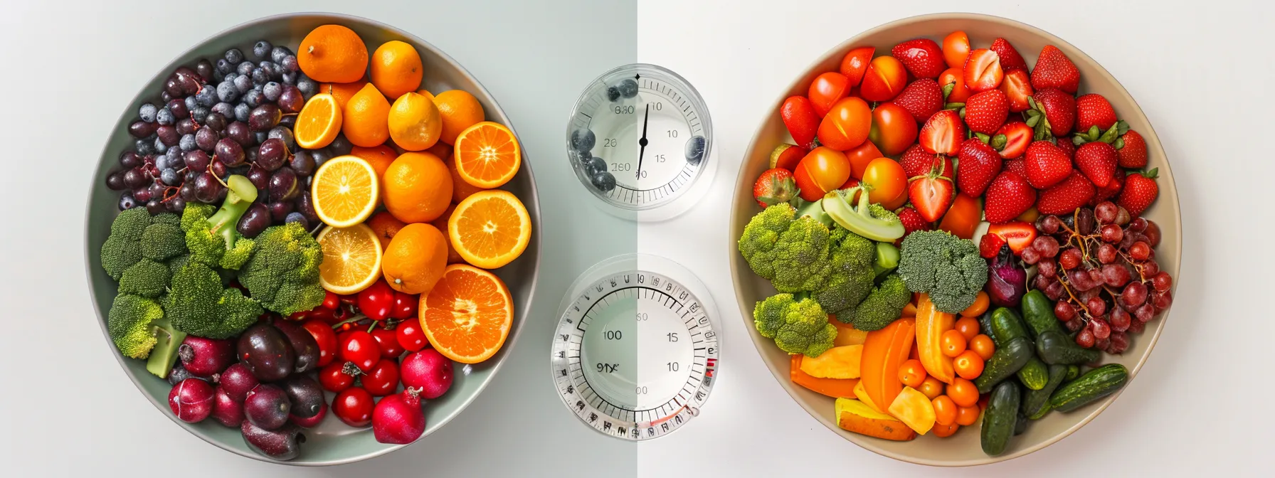 a colorful bowl filled with a variety of fiber-rich fruits and vegetables, surrounded by a glass of water and a measuring cup showing recommended intake levels.