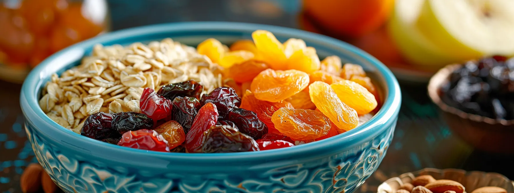 a colorful bowl filled with a variety of fiber-rich foods like wheat flour and dried fruit, promoting healthy digestion and overall well-being.