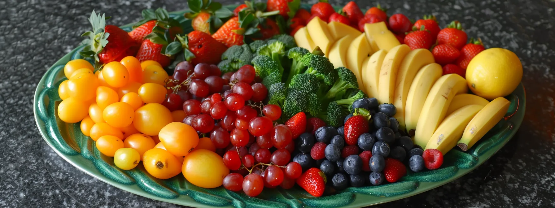 a colorful plate filled with an array of fresh fruits and vegetables, showcasing a sustainable and nutritious meal choice for promoting weight loss and blood sugar management.