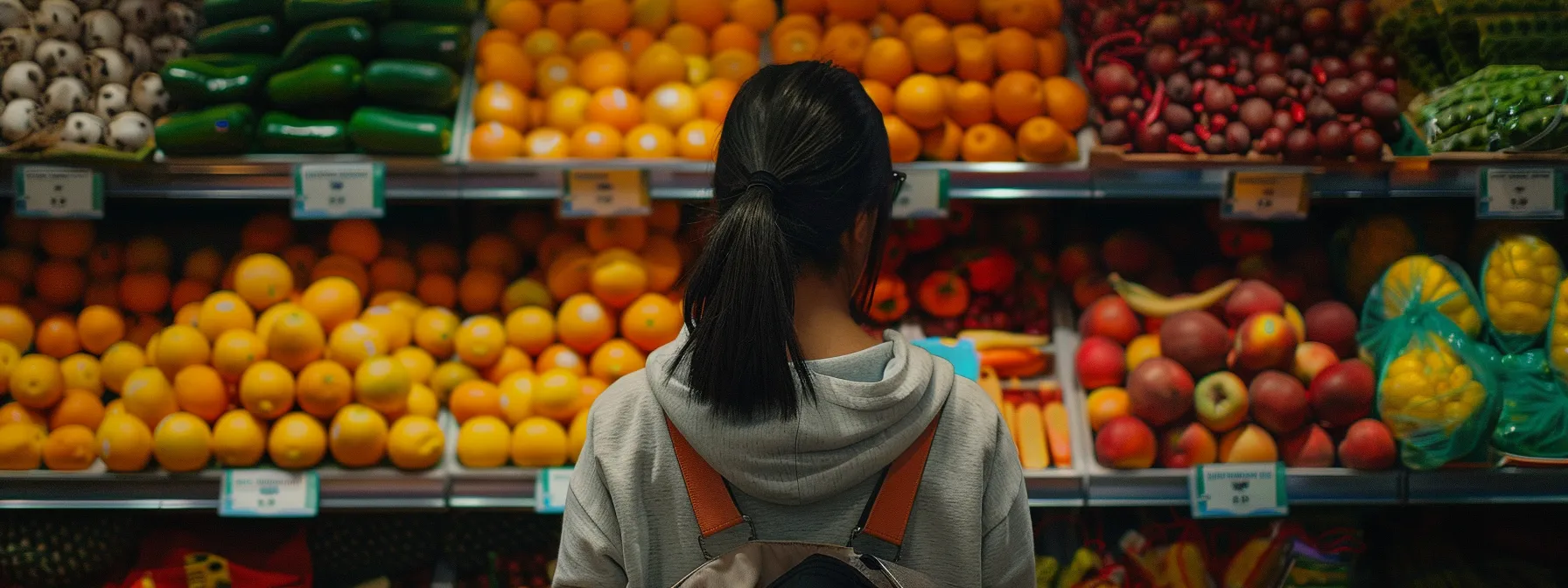 a person carefully reading food labels in front of a colorful display of fruits and vegetables, showcasing their dedication to reducing sugar intake and making healthy food choices.