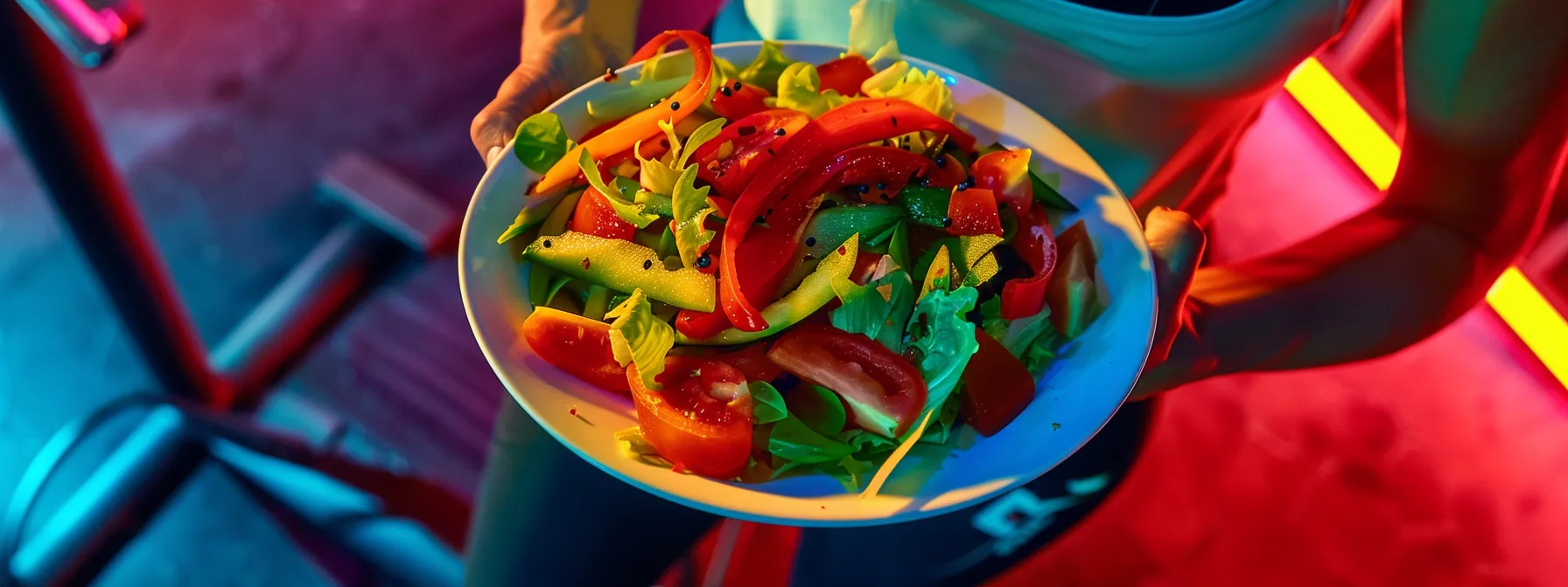 a person enjoying a colorful salad while working out at the gym, showcasing the combination of a low-sugar diet and exercise for better health results.