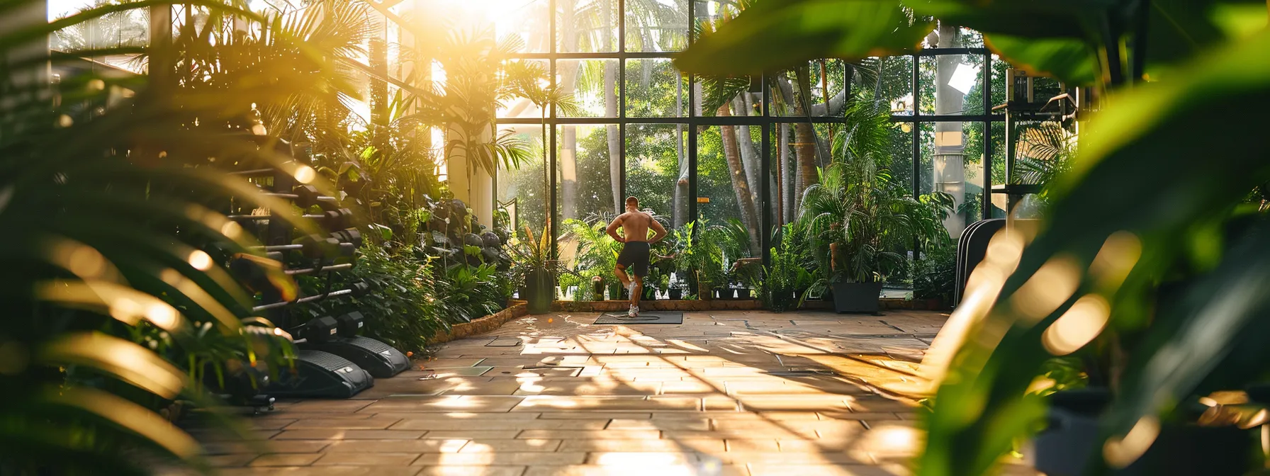 a person lifting weights in a sunlit gym, surrounded by lush green plants and natural light streaming in through large windows.