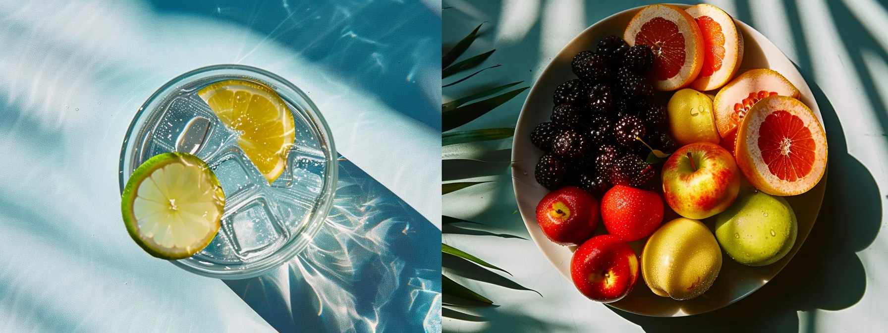 a refreshing glass of water sitting next to a vibrant plate of fresh fruits, highlighting the connection between hydration, metabolism, and weight loss.