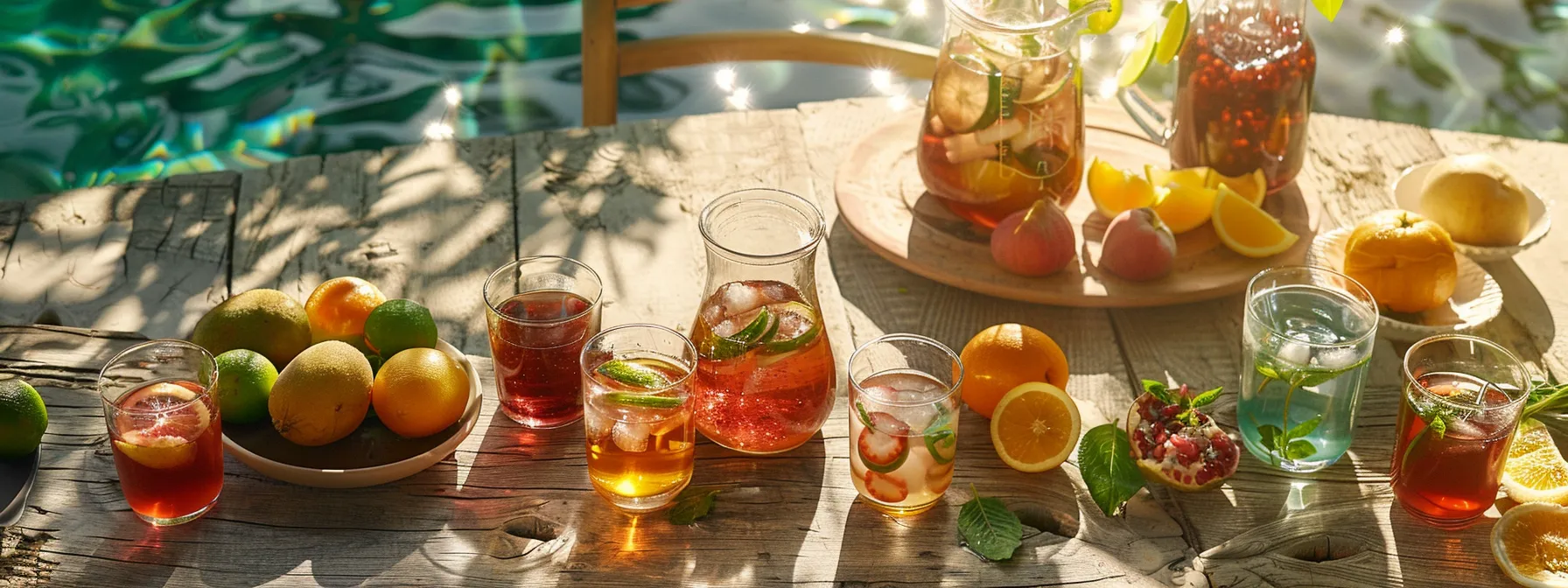 a refreshing spread of colorful hydrating fruits and herbal teas displayed on a sunny outdoor table, promoting a natural and nourishing way to support hydration.