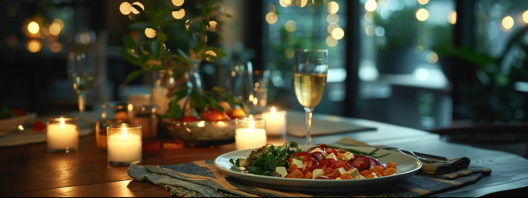 a serene dining table with a single plate of colorful, healthy food surrounded by candles, plants, and a journal, creating a calming and mindful eating environment.