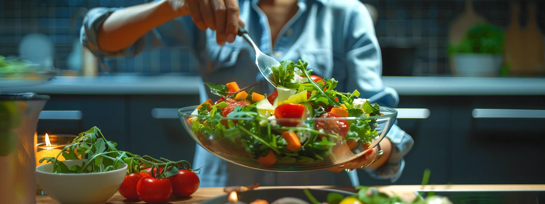 a serene person savoring a colorful, vibrant salad mindfully, fully present in the moment, surrounded by fresh ingredients and natural light.