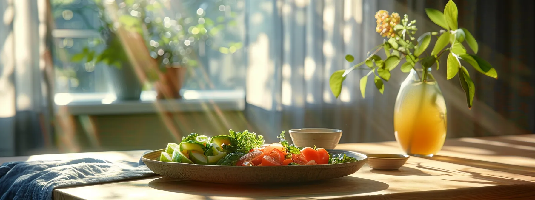 a serene scene of a colorful, nutritious meal being enjoyed slowly and mindfully, leading to a flat tummy and enhanced digestion.