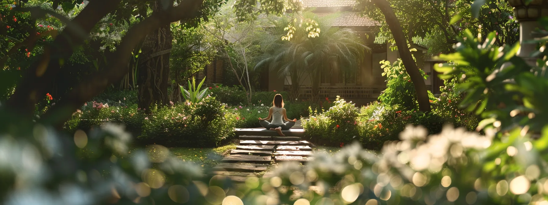 a serene, sunlit yoga session in a lush green garden, with a woman peacefully practicing yoga poses surrounded by blooming flowers and chirping birds.