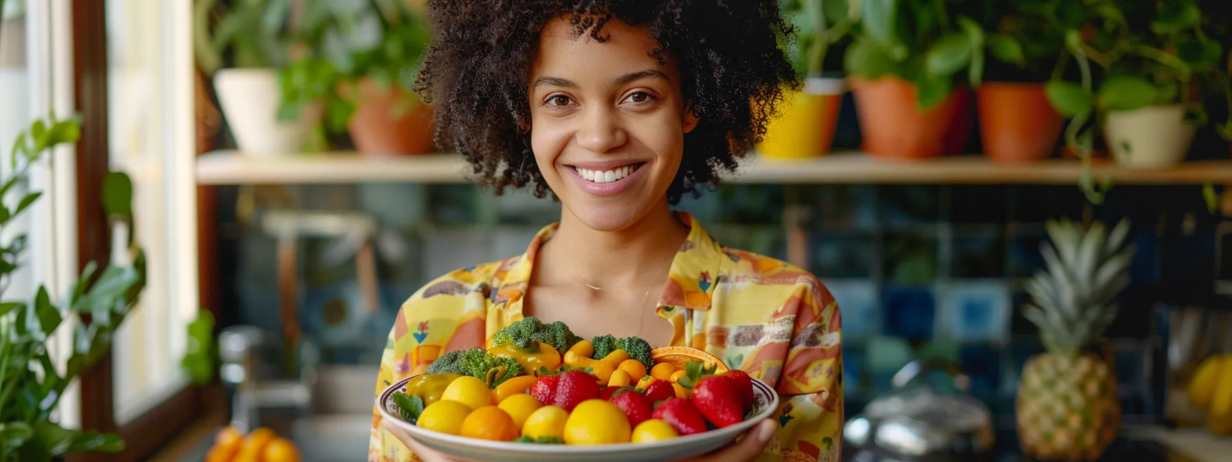 a smiling person holding a plate of colorful fruits and vegetables, surrounded by healthy whole grains, emphasizing the benefits of cutting sugar for improved body health.