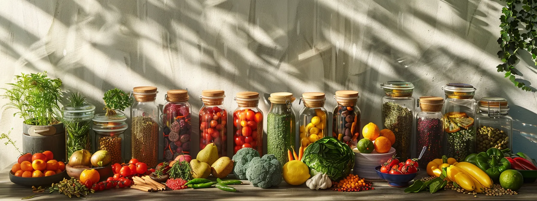 a vibrant array of fresh fruits and vegetables displayed on a wooden table, surrounded by colorful jars of herbal teas and spices, under natural sunlight.