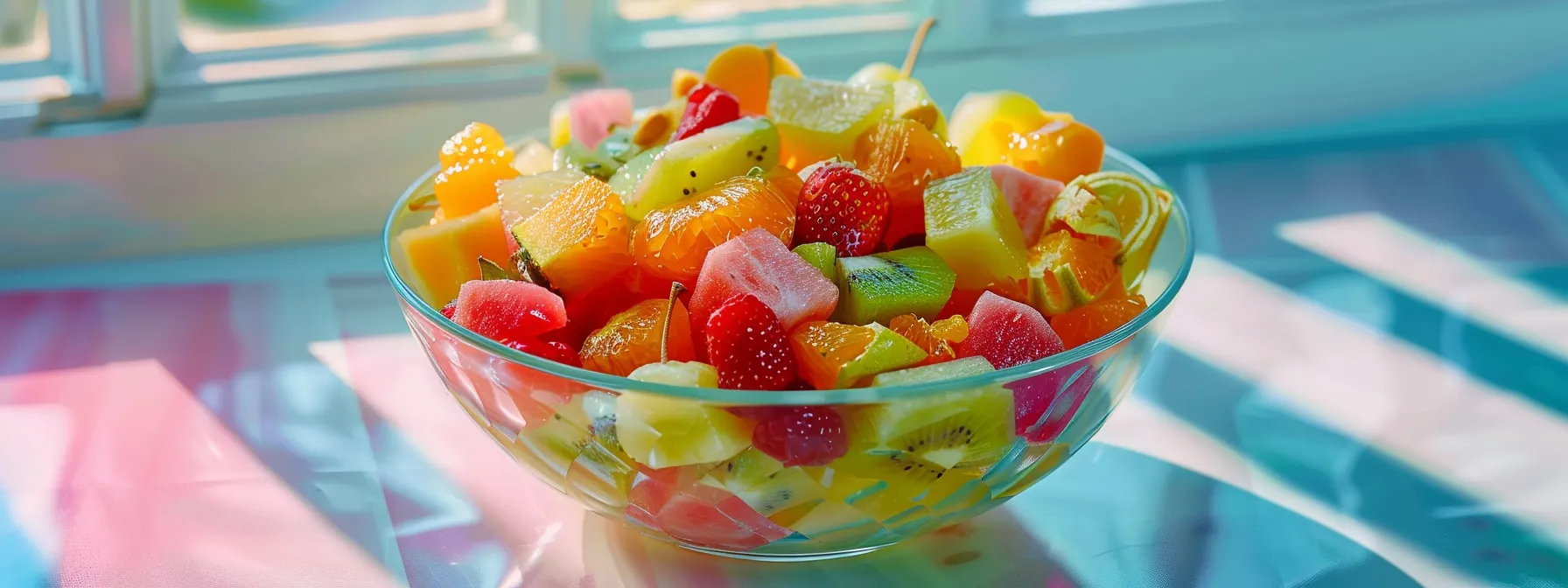 a vibrant bowl filled with colorful fruits and vegetables, showcasing a healthy, sugar-free diet for achieving a flatter tummy.