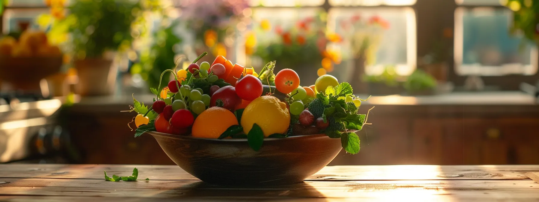 a vibrant bowl of colorful, fresh vegetables and fruits arranged artfully on a wooden table.