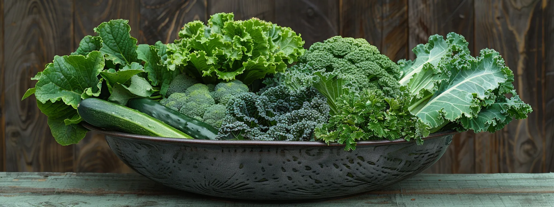 a vibrant bowl of leafy greens, cucumbers, and cruciferous vegetables arranged on a wooden table, showcasing a colorful array of organic produce that promotes digestive health and reduces bloating.