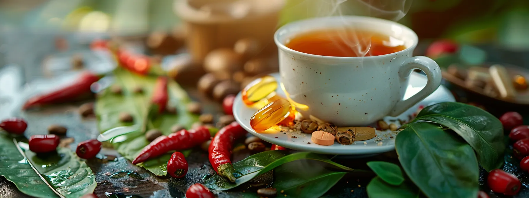 a vibrant green tea leaf surrounded by spicy red peppers and a steaming cup of coffee, highlighting natural supplements and herbs for metabolism enhancement.