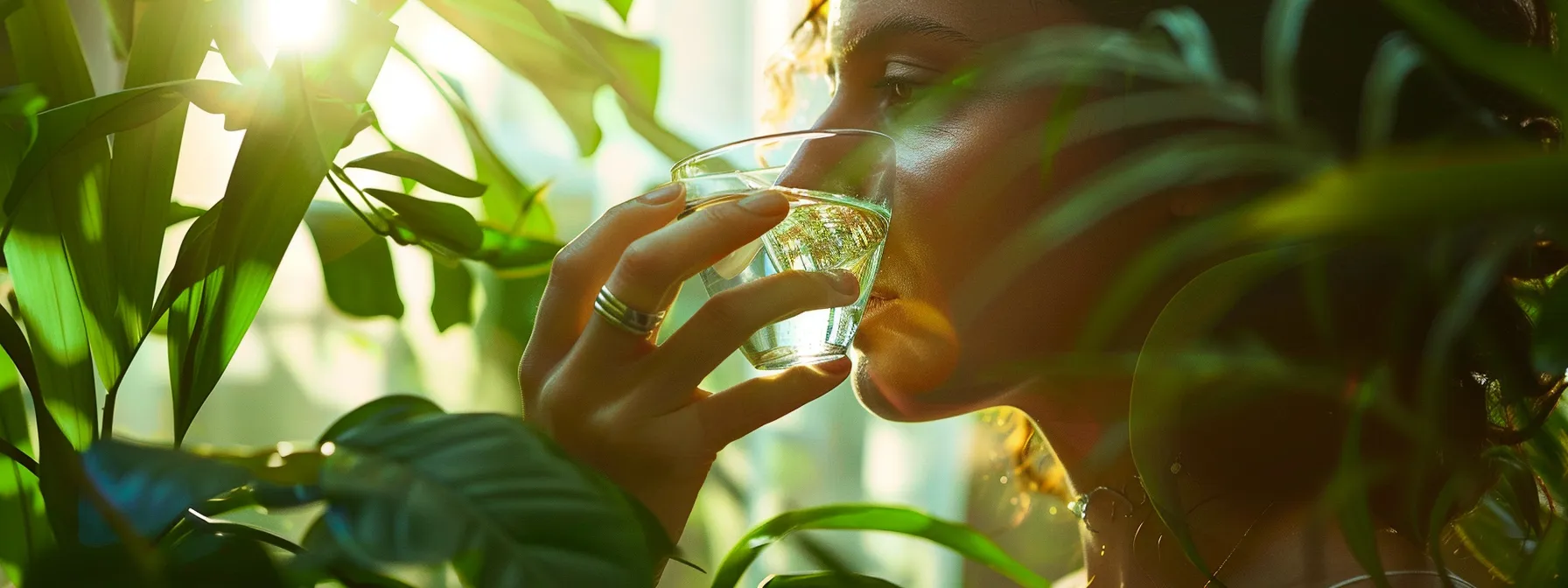 a vibrant image of a person drinking from a clear glass of water, surrounded by lush green plants, illustrating the importance of hydration for overall bodily functions.