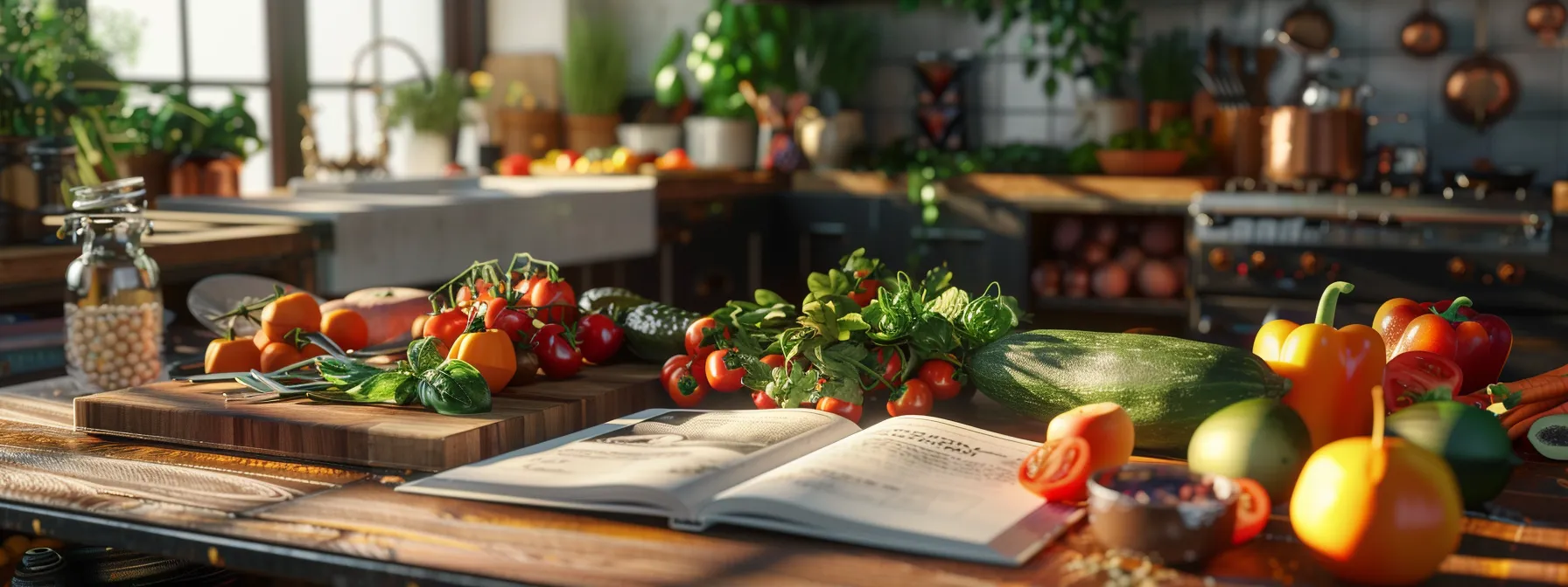 a vibrant kitchen counter filled with colorful organic fruits and vegetables, with a recipe book open to a page featuring a nutritious organic meal.