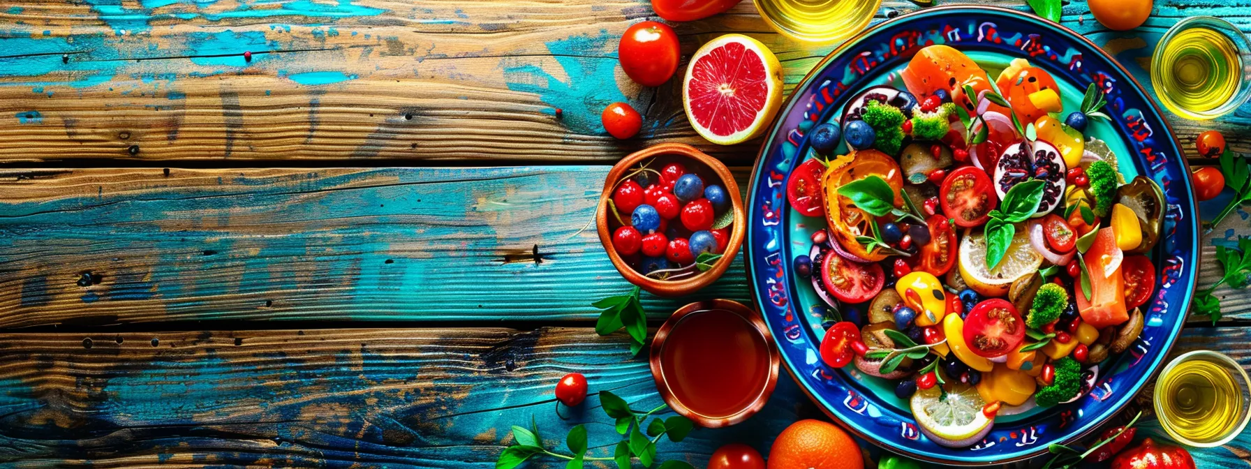 a vibrant plate of colorful mediterranean-inspired dishes complemented by a cup of steaming flat tummy tea on a rustic wooden table.