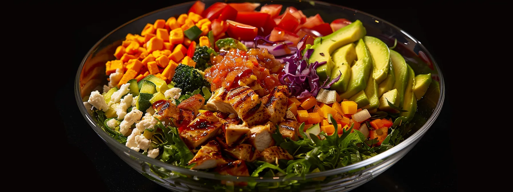 a vibrant salad bowl filled with colorful vegetables, lean chicken, and avocado slices, embodying the essence of nutrient-rich foods for better health and weight loss.