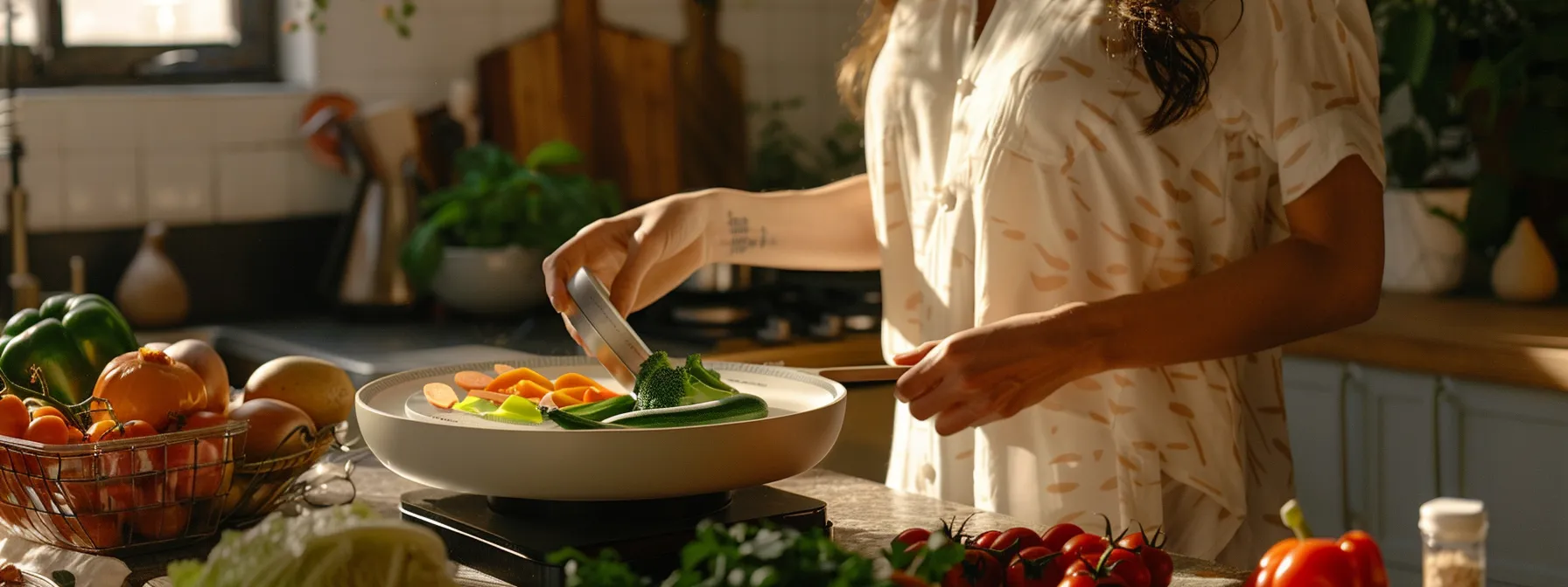 a woman carefully measuring fresh vegetables on a kitchen scale, surrounded by colorful fruits and herbs, symbolizing a personalized plan for natural weight loss.