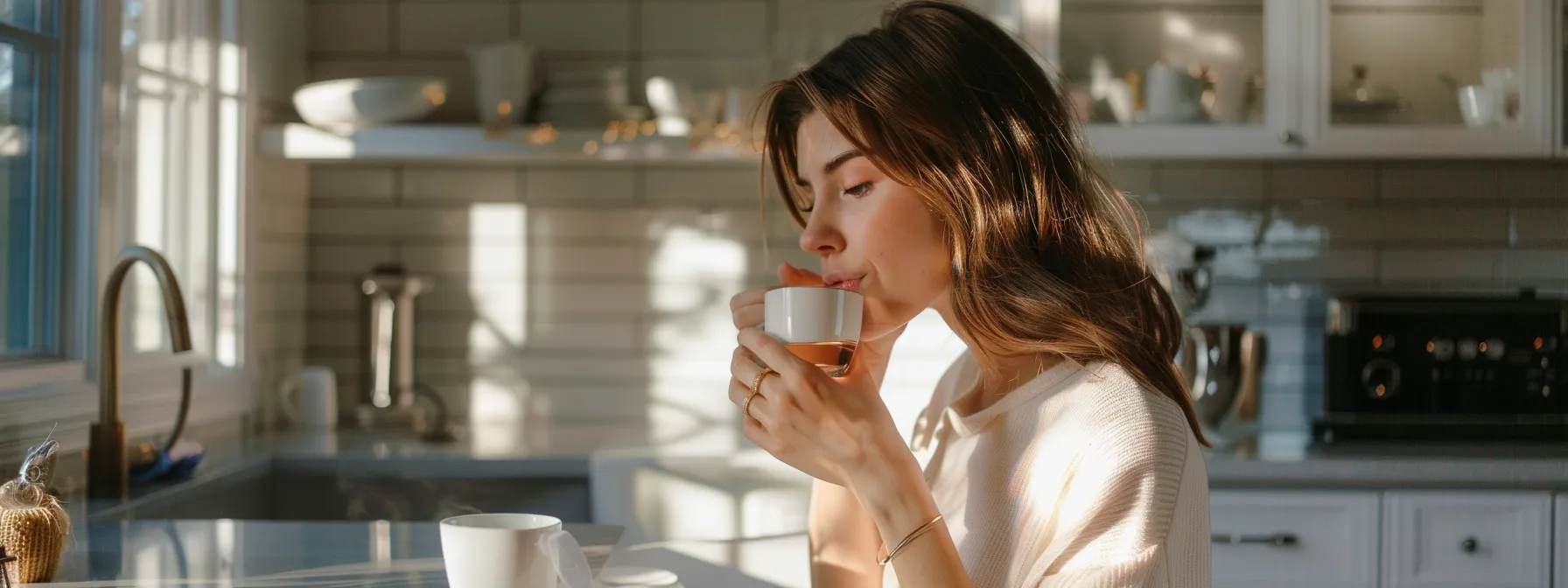 a woman confidently tracking her progress while sipping on a cup of flat tummy tea in a bright, airy kitchen.