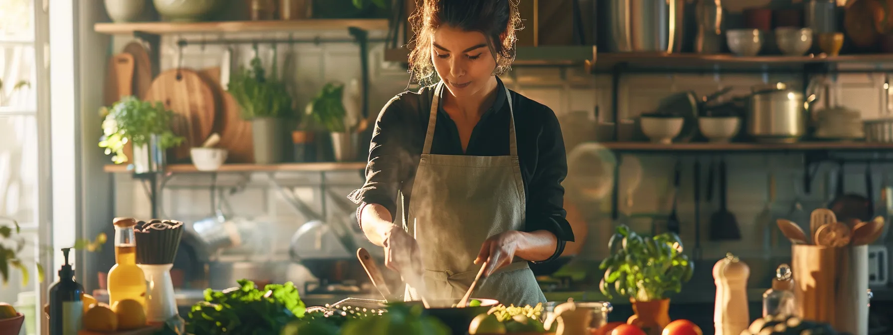 a woman cooking with intention, surrounded by fresh, vibrant ingredients, radiating a sense of focus and mindfulness.