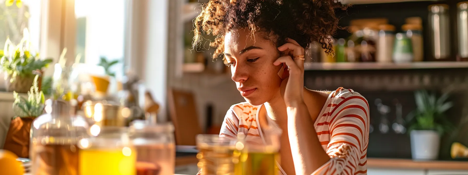 a woman looking fatigued and holding a glass of water while surrounded by various detox tea ingredients, emphasizing the potential risks of dehydration from consuming detox teas.