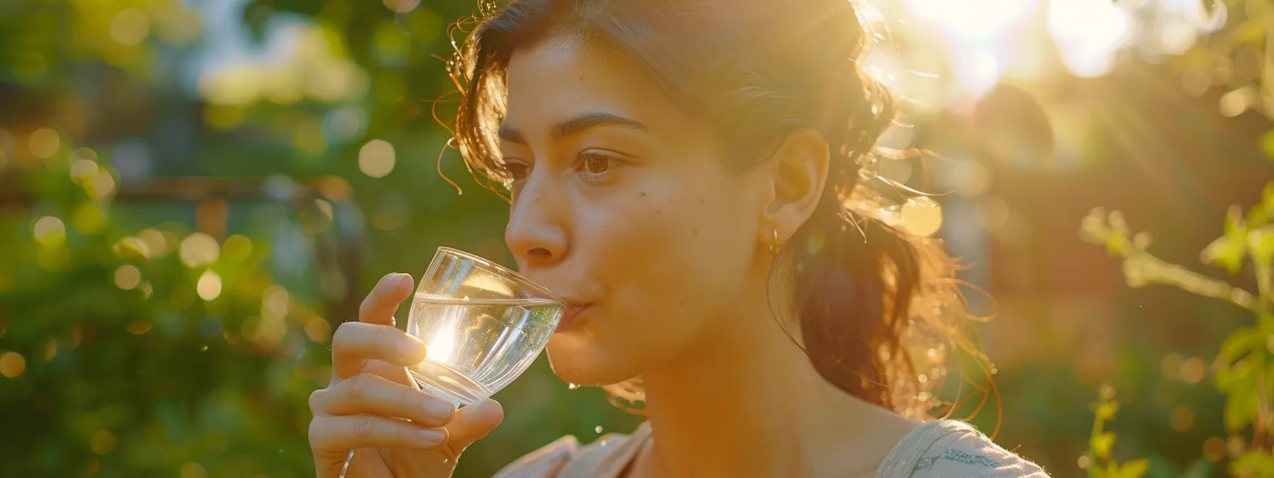 a woman sipping on a refreshing glass of water in a serene, sunlit garden.