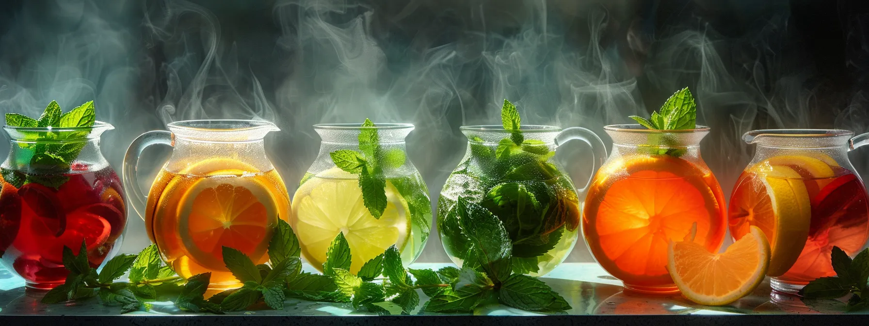 an enticing array of colorful detox teas brewing in transparent glass teapots, surrounded by fresh mint leaves and sliced citrus fruits.