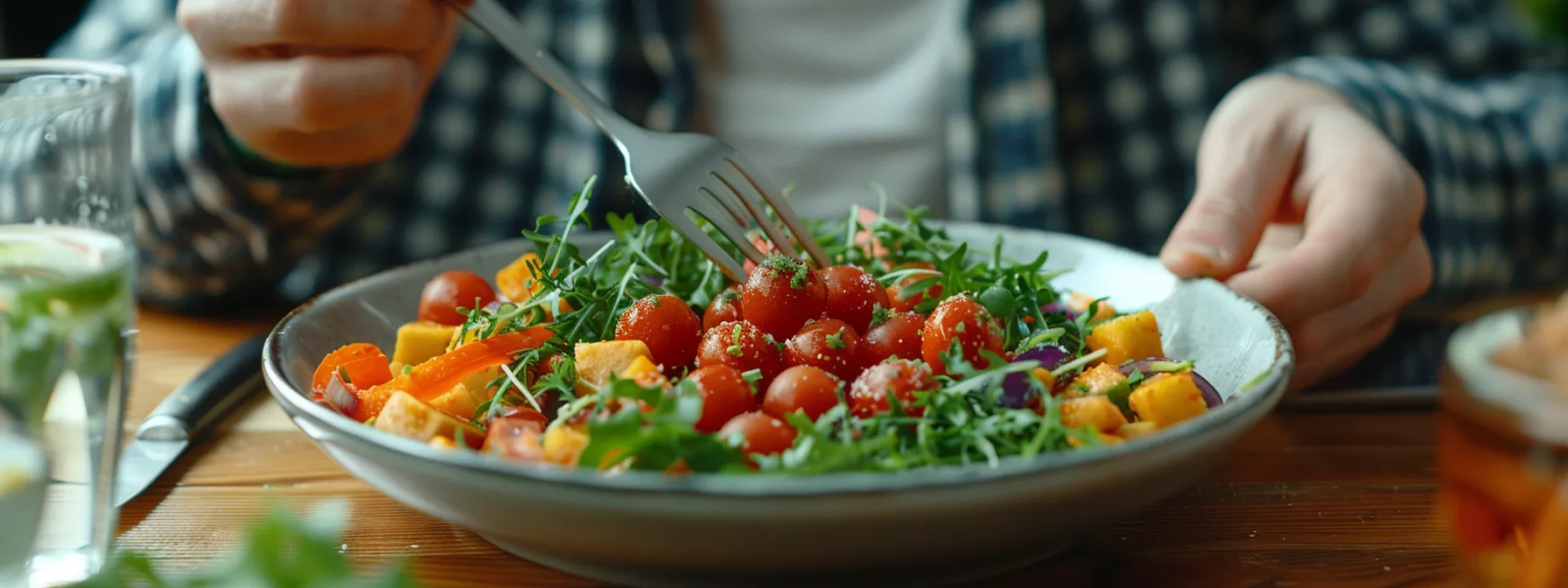 savoring a colorful plate of nutrient-dense foods, focusing on each bite with mindfulness and joy.